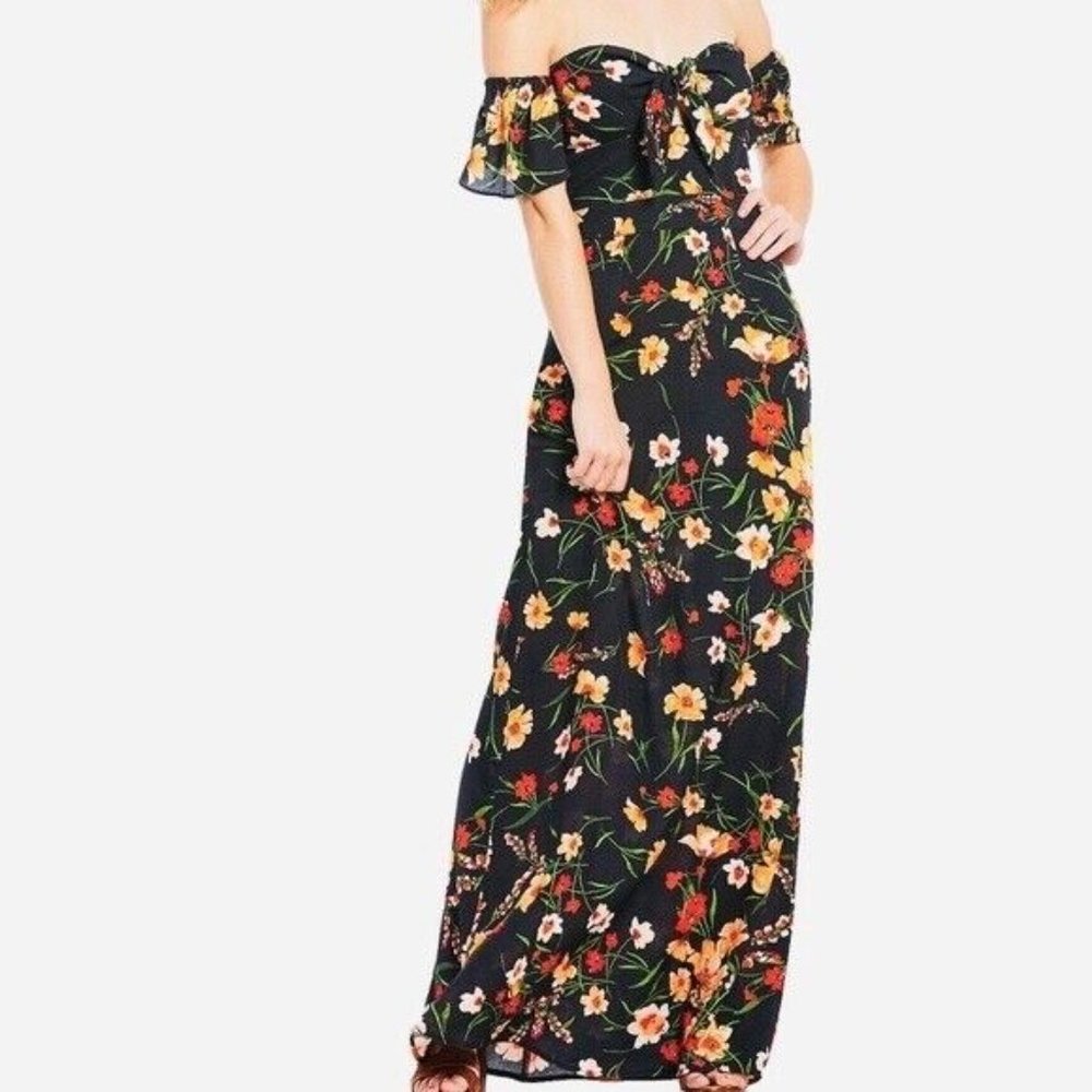 FLYNN SKYE Floral Maxi Dress Lost Poppy Poppies Off Shoulder Cut-Out ~ XS ~ EUC
